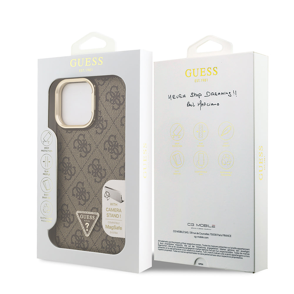 Guess iPhone 14 Pro Max Orjinal Lisanslı PU Deri Taşlı Üçgen Logo 4G Desenli Kamera Standlı Kılıf