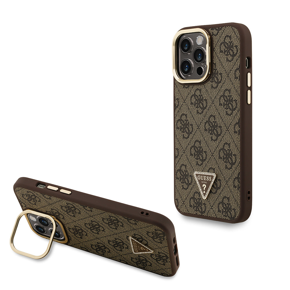 Guess iPhone 14 Pro Max Orjinal Lisanslı PU Deri Taşlı Üçgen Logo 4G Desenli Kamera Standlı Kılıf