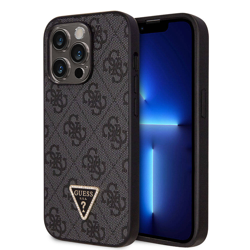 Guess iPhone 14 Pro Max Orjinal Lisanslı PU Deri Taşlı Üçgen Logo 4G Desenli Telefon Kılıfı - 1