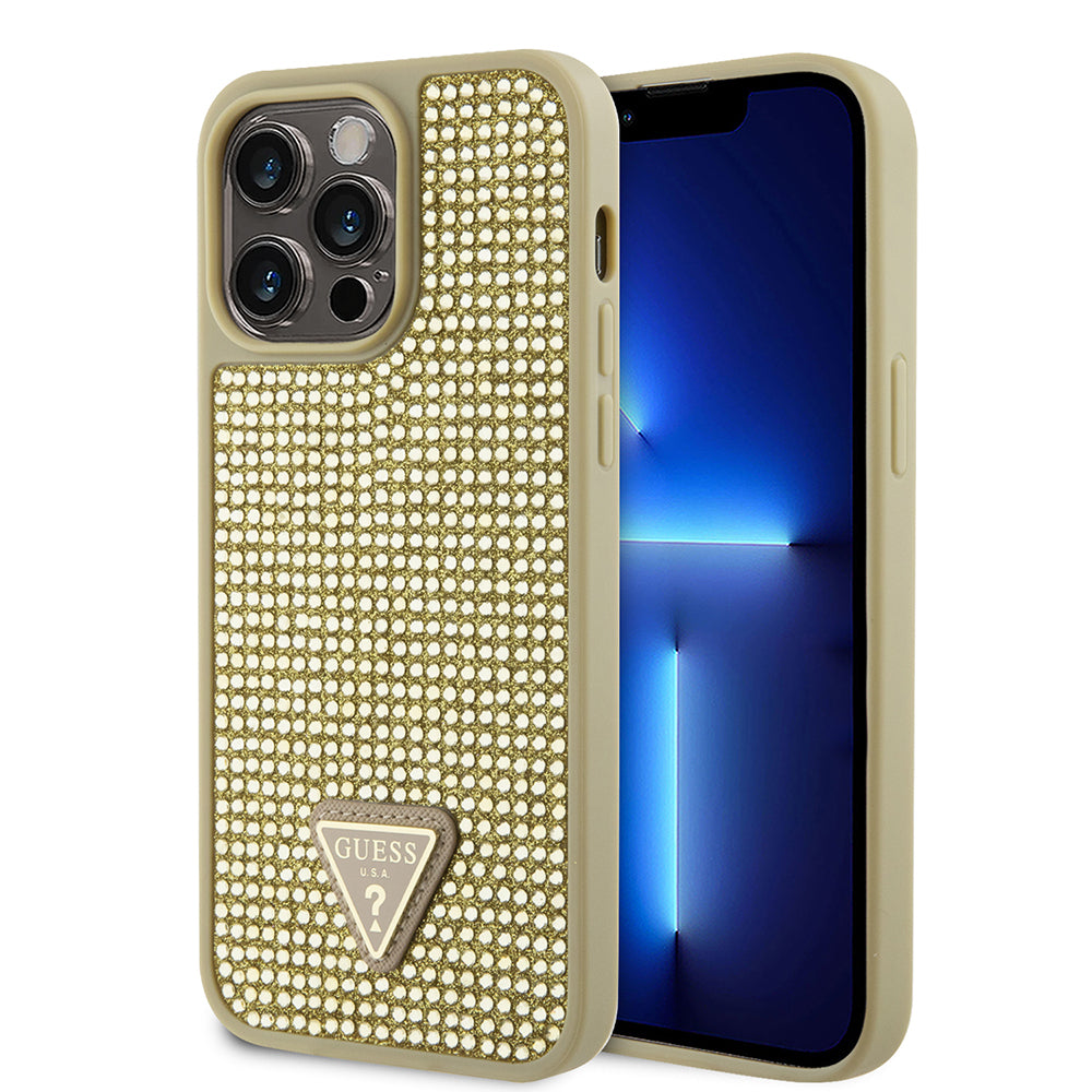 Guess iPhone 14 Pro Max Orjinal Lisanslı Taşlı Arka Yüzey Üçgen Logolu Kılıf