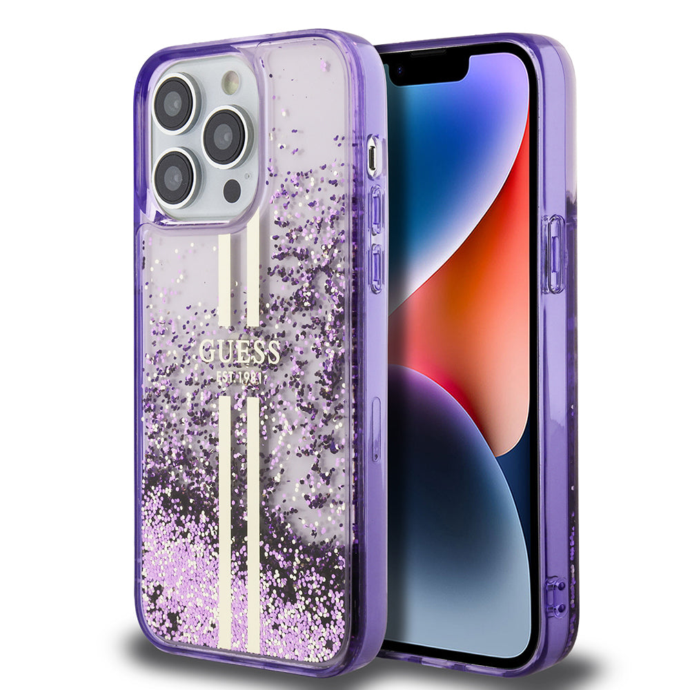 Guess iPhone 14 Pro Max Orjinal Lisanslı Transparan Sıvılı Simli Altın Çizgili Kılıf