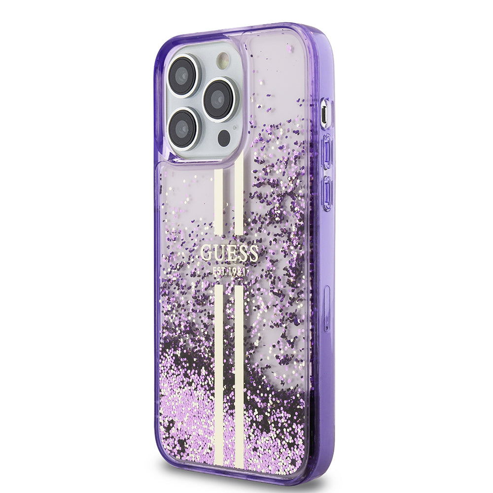 Guess iPhone 14 Pro Max Orjinal Lisanslı Transparan Sıvılı Simli Altın Çizgili Kılıf