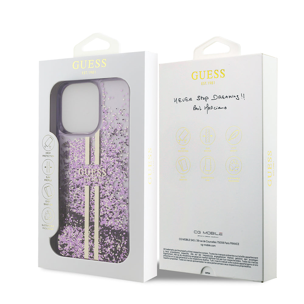 Guess iPhone 14 Pro Max Orjinal Lisanslı Transparan Sıvılı Simli Altın Çizgili Kılıf