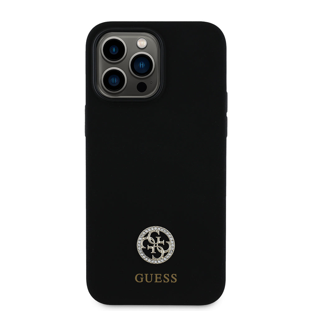 Guess iPhone 14 Pro Max Orjinal Lisanslı Yazı ve Taşlı 4G Logolu Silikon Kılıf