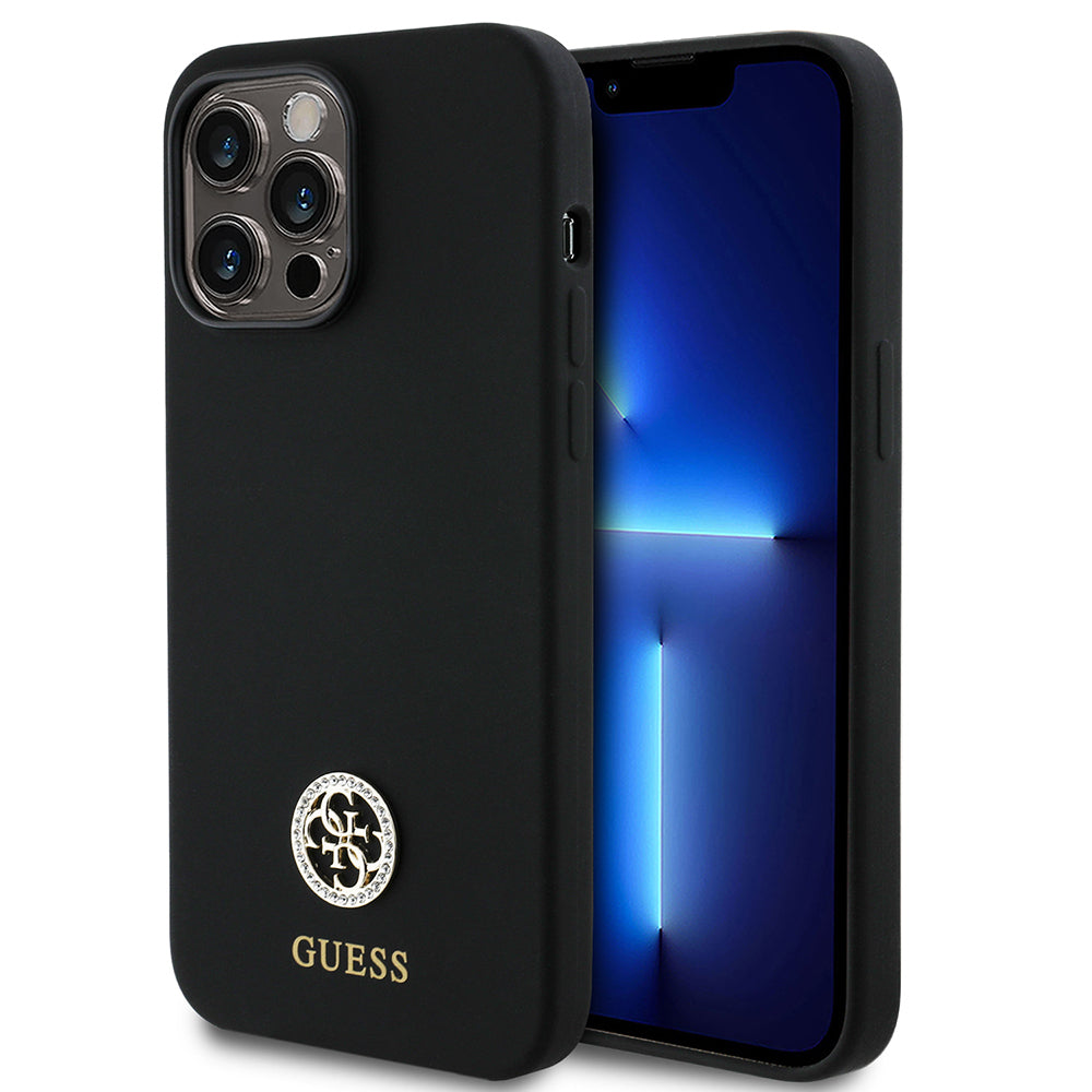 Guess iPhone 14 Pro Max Orjinal Lisanslı Yazı ve Taşlı 4G Logolu Silikon Kılıf