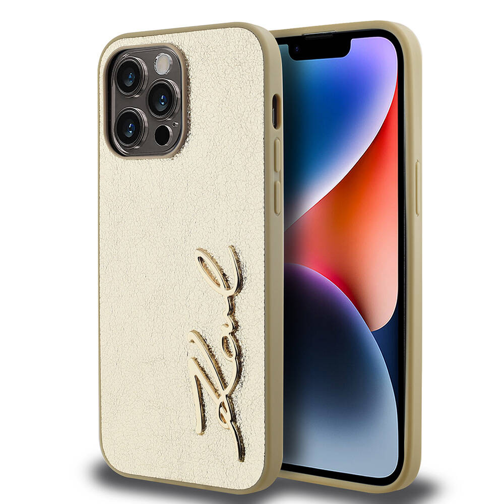 Karl Lagerfeld iPhone 14 Pro Max Kılıf Orjinal Lisanslı 3D KL Yazılı Tüylü Arka Yüzey Saffiano Rhinestones Telefon Kılıfı - 1
