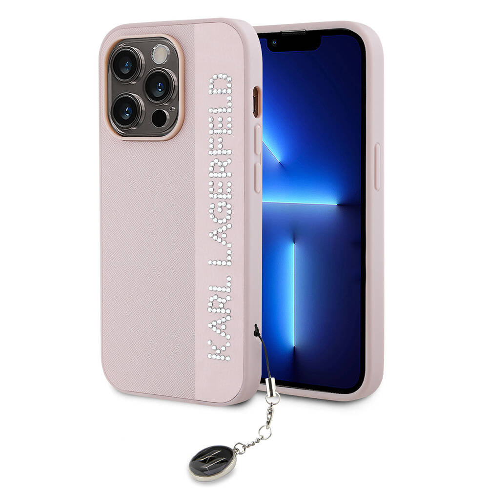 Karl Lagerfeld iPhone 14 Pro Max Orjinal Lisanslı Anahtarlıklı Taşlı KL Yazılı Saffiano Rhinestones Telefon Kılıfı - 1