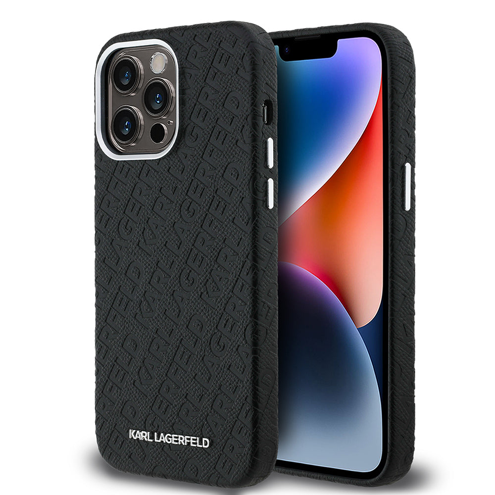 Karl Lagerfeld iPhone 14 Pro Max Orjinal Lisanslı PU Deri Damgalı Metal Yazı Logolu Telefon Kılıfı
