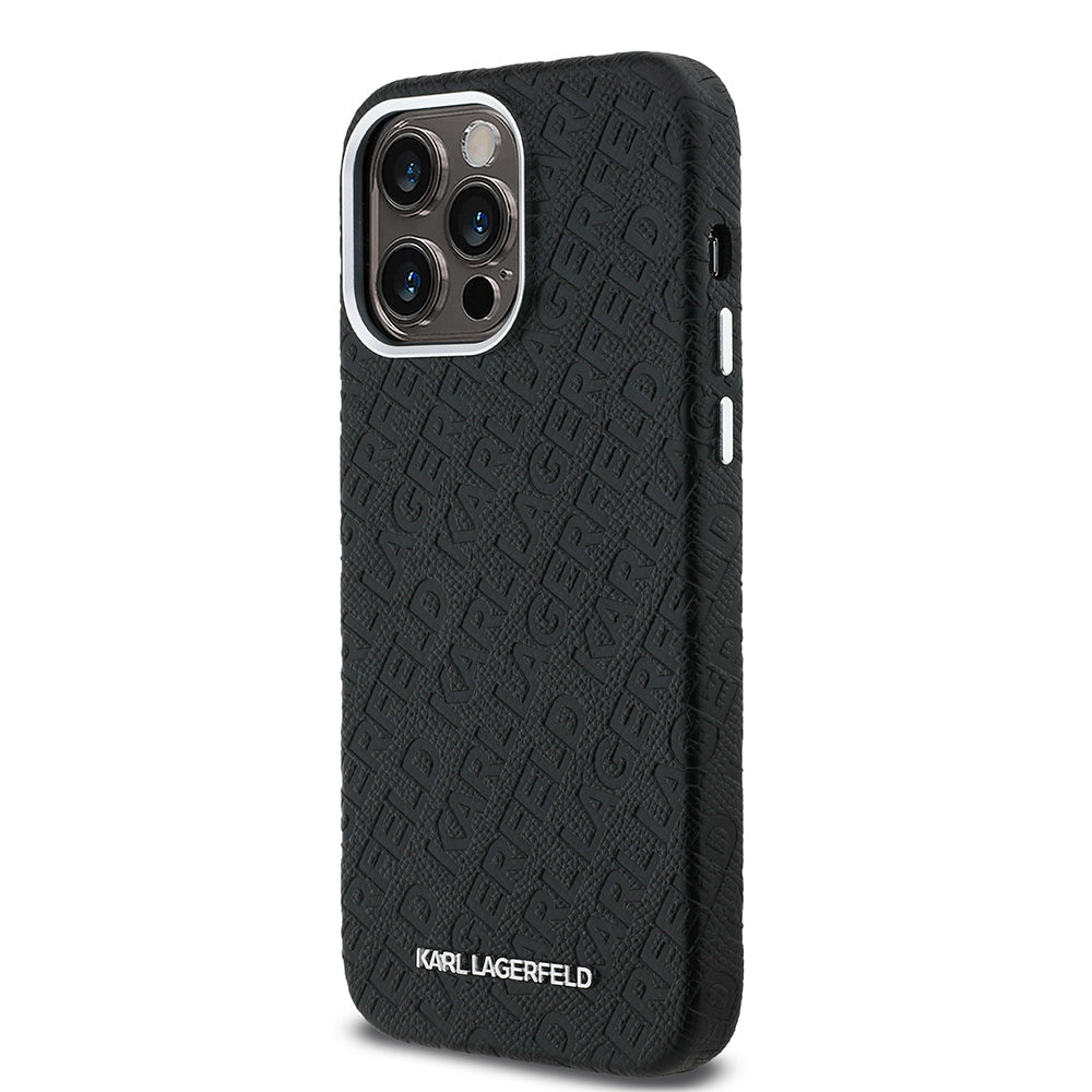 Karl Lagerfeld iPhone 14 Pro Max Orjinal Lisanslı PU Deri Damgalı Metal Yazı Logolu Telefon Kılıfı