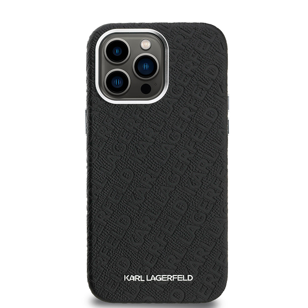 Karl Lagerfeld iPhone 14 Pro Max Orjinal Lisanslı PU Deri Damgalı Metal Yazı Logolu Telefon Kılıfı