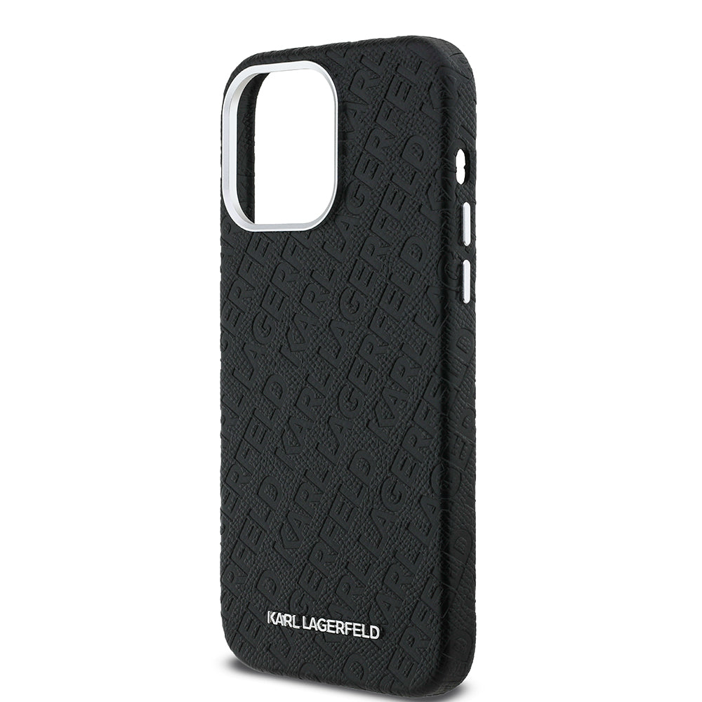 Karl Lagerfeld iPhone 14 Pro Max Orjinal Lisanslı PU Deri Damgalı Metal Yazı Logolu Telefon Kılıfı