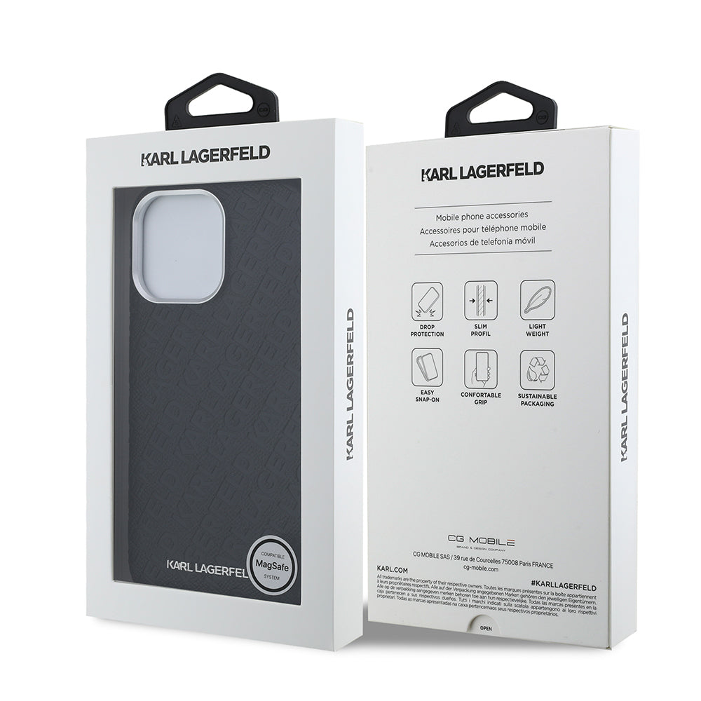 Karl Lagerfeld iPhone 14 Pro Max Orjinal Lisanslı PU Deri Damgalı Metal Yazı Logolu Telefon Kılıfı