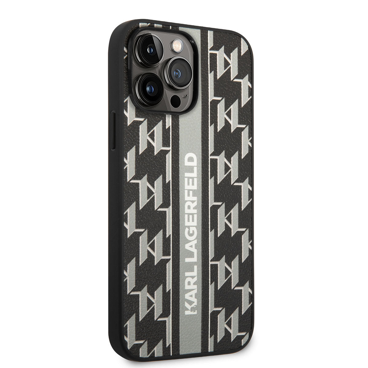 Karl Lagerfeld iPhone 14 Pro Max PU Suni Deri Şerit Dizayn Telefon Kılıfı