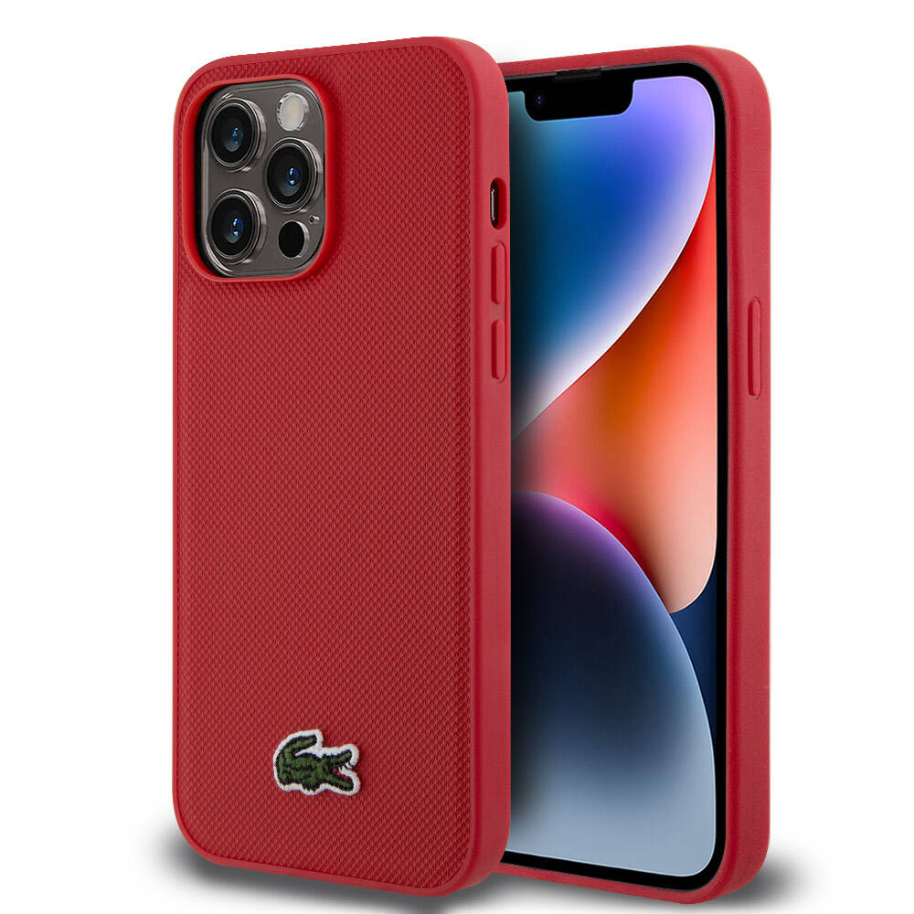Lacoste iPhone 14 Pro Max Orjinal Lisanslı PU Pike Desenli Arka Yüzey İkonik Timsah Dokuma Logolu Kılıf