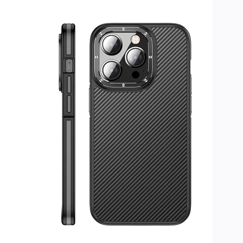 Wlons Marin iPhone 14 Pro Max Mat Transparan Karbon Fiber Görünümlü Telefon Kılıfı