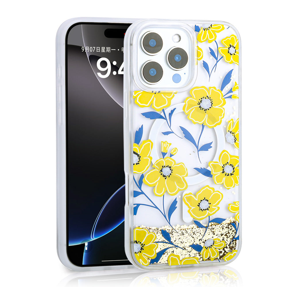 Cepax iPhone 14 Pro Max Sıvılı Simli Baskılı Şeffaf Arka Yüzey Mossa Silikon Kılıf