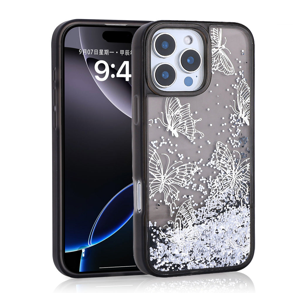 Cepax iPhone 14 Pro Max Sıvılı Simli Kelebek Baskılı Şeffaf Arka Yüzey Glis Silikon Kılıf
