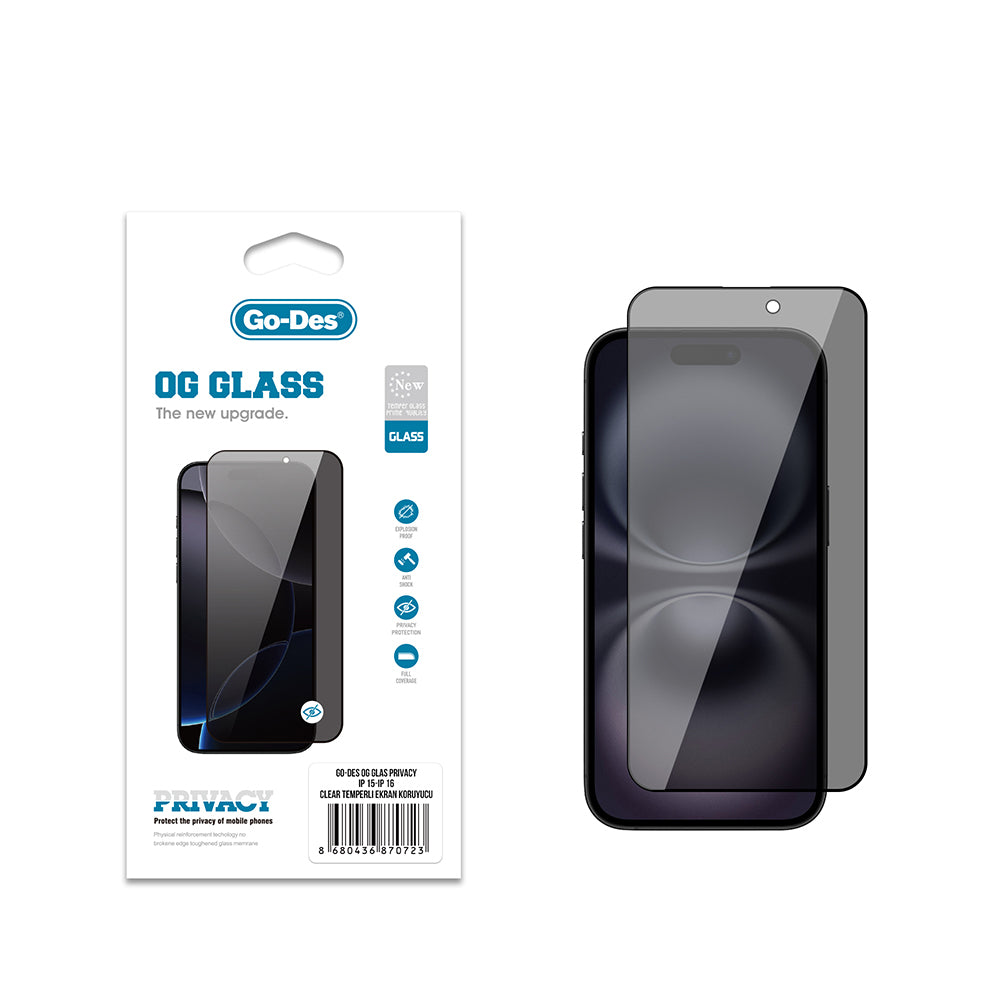 Go Des OG Glass iPhone 15 Privacy Antistatik Temperli Cam Ekran Koruyucu