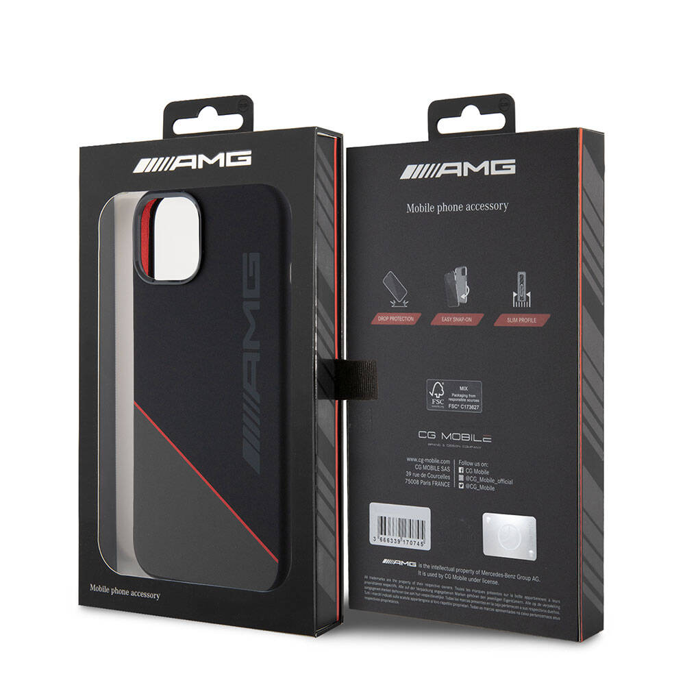 AMG iPhone 15 Orjinal Lisanslı M-safe Şarj Özellikli Silikon Kırmızı Çizgili Telefon Kılıfı