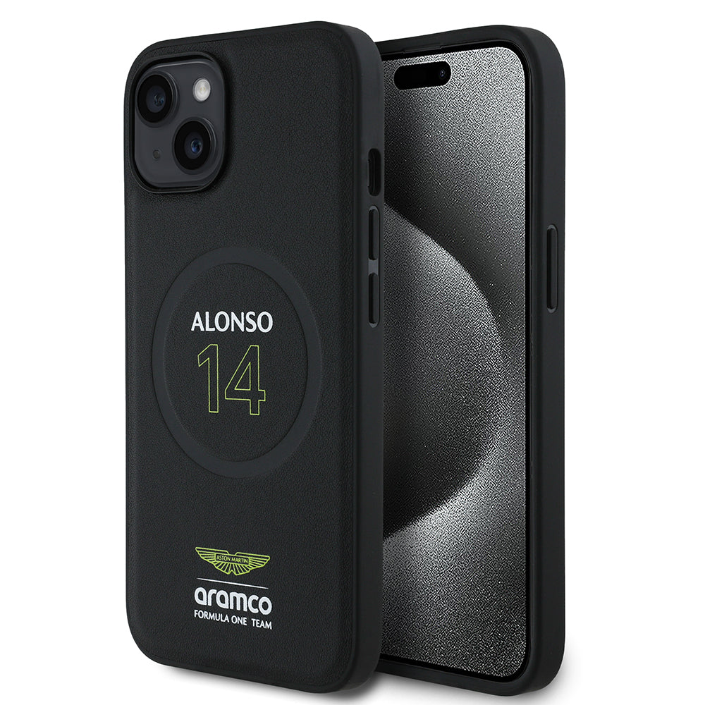 Apple iPhone 15 Aston Martin Orjinal Lisanslı M-safe Şarj Özellikli PU Deri Alonso 14 Baskılı Kılıf