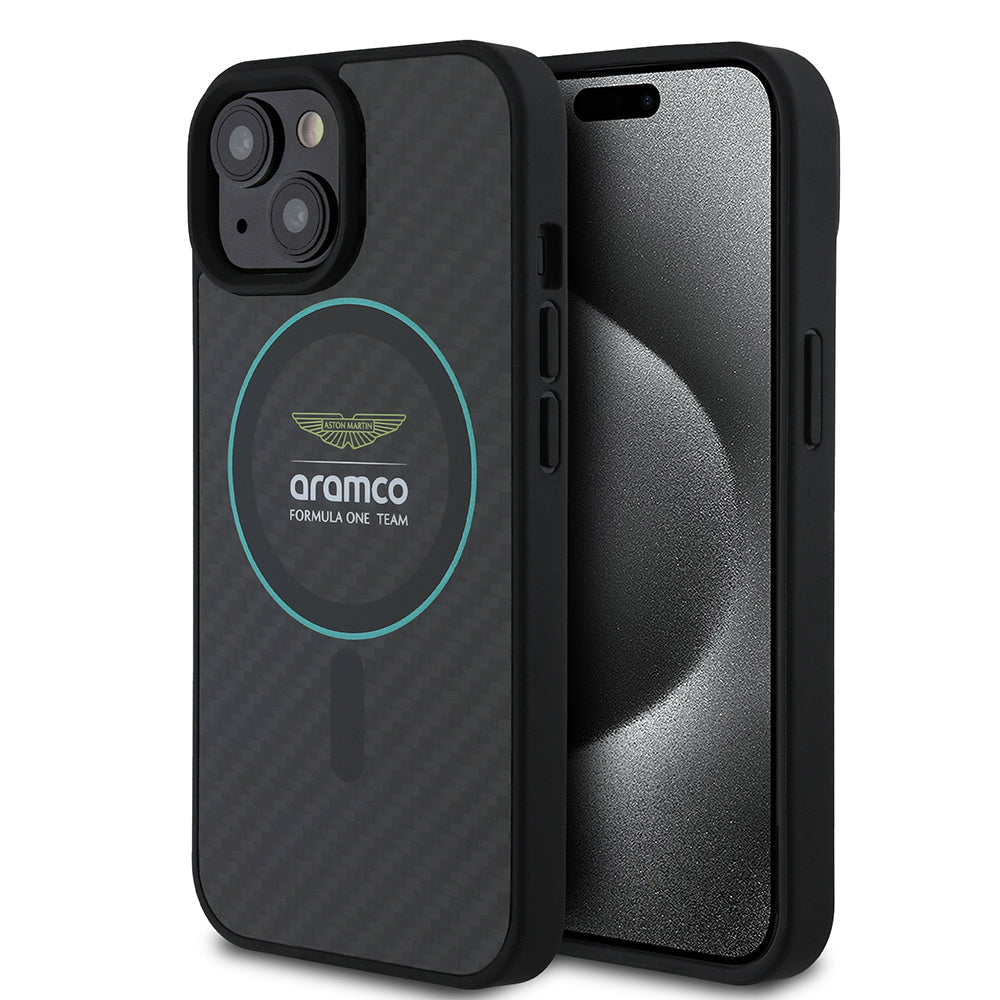 Apple iPhone 15 Aston Martin Orjinal Lisanslı M-safe Şarj Özellikli Renkli Halka ve Karbon Fiber Tasarımlı Kılıf