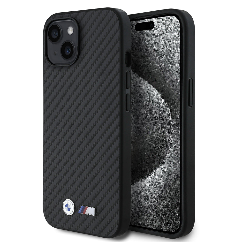 BMW iPhone 15 Orjinal Lisanslı Karbon Fiber Tasarımlı ve Metal Logolu PU Deri Telefon Kılıfı