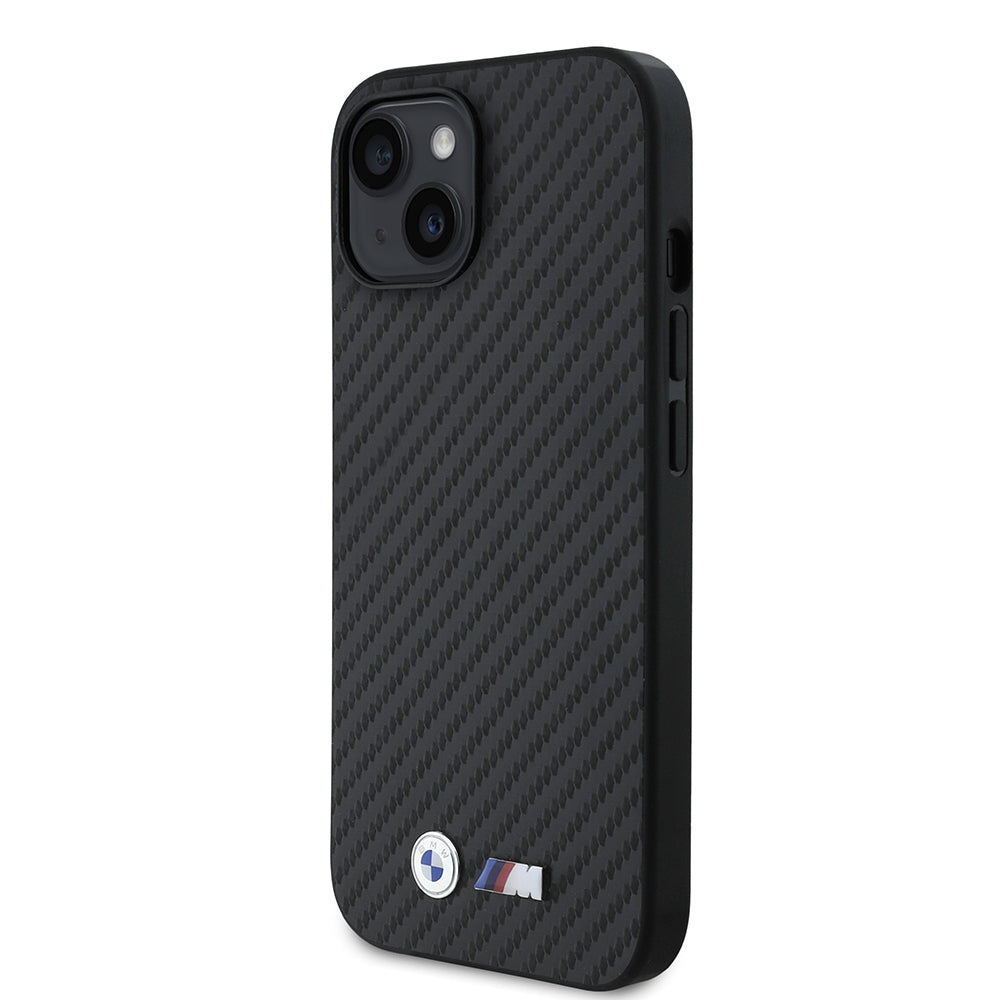BMW iPhone 15 Orjinal Lisanslı Karbon Fiber Tasarımlı ve Metal Logolu PU Deri Telefon Kılıfı