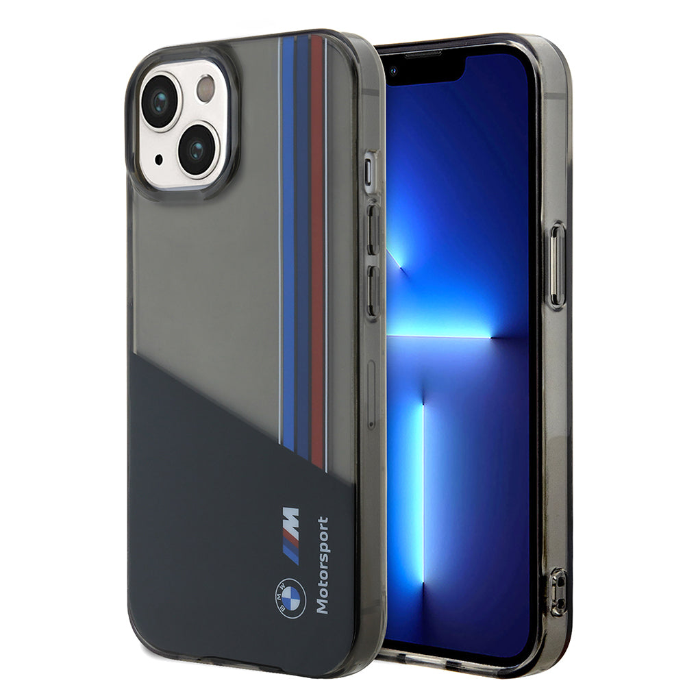 BMW iPhone 15 Orjinal Lisanslı Yarı Transparan M Dizayn Çizgili Telefon Kılıfı