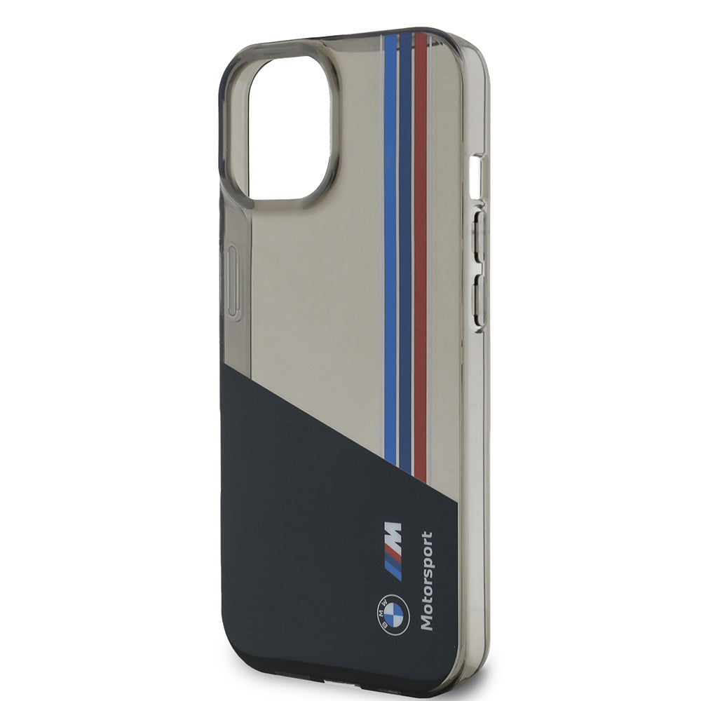 BMW iPhone 15 Orjinal Lisanslı Yarı Transparan M Dizayn Çizgili Telefon Kılıfı