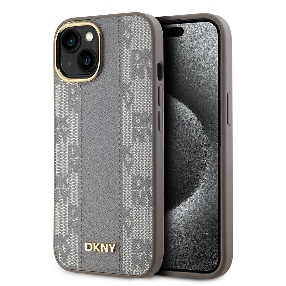 DKNY iPhone 15 Orjinal Lisanslı M-safe Şarj Özellikli 3D Yazılı Checkered Pattern Kılıf