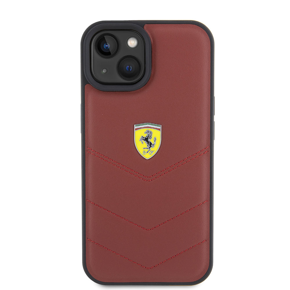 Ferrari iPhone 15 Orjinal Lisanslı Deri Dikişli Arka Yüzey Metal Logo Tasarımlı Telefon Kılıfı