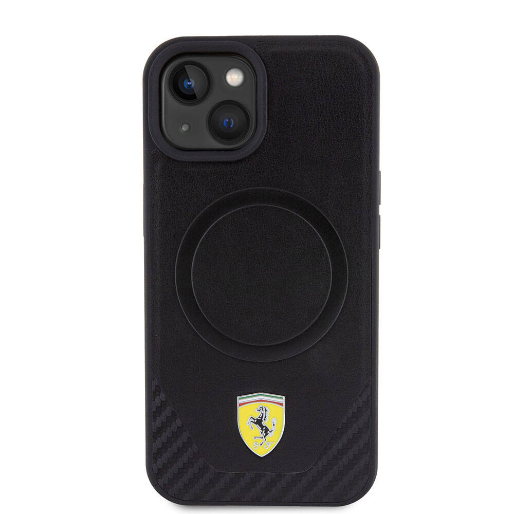 Ferrari iPhone 15 Orjinal Lisanslı M-safe Şarj Özellikli Metal Logolu PU Karbon Kılıf