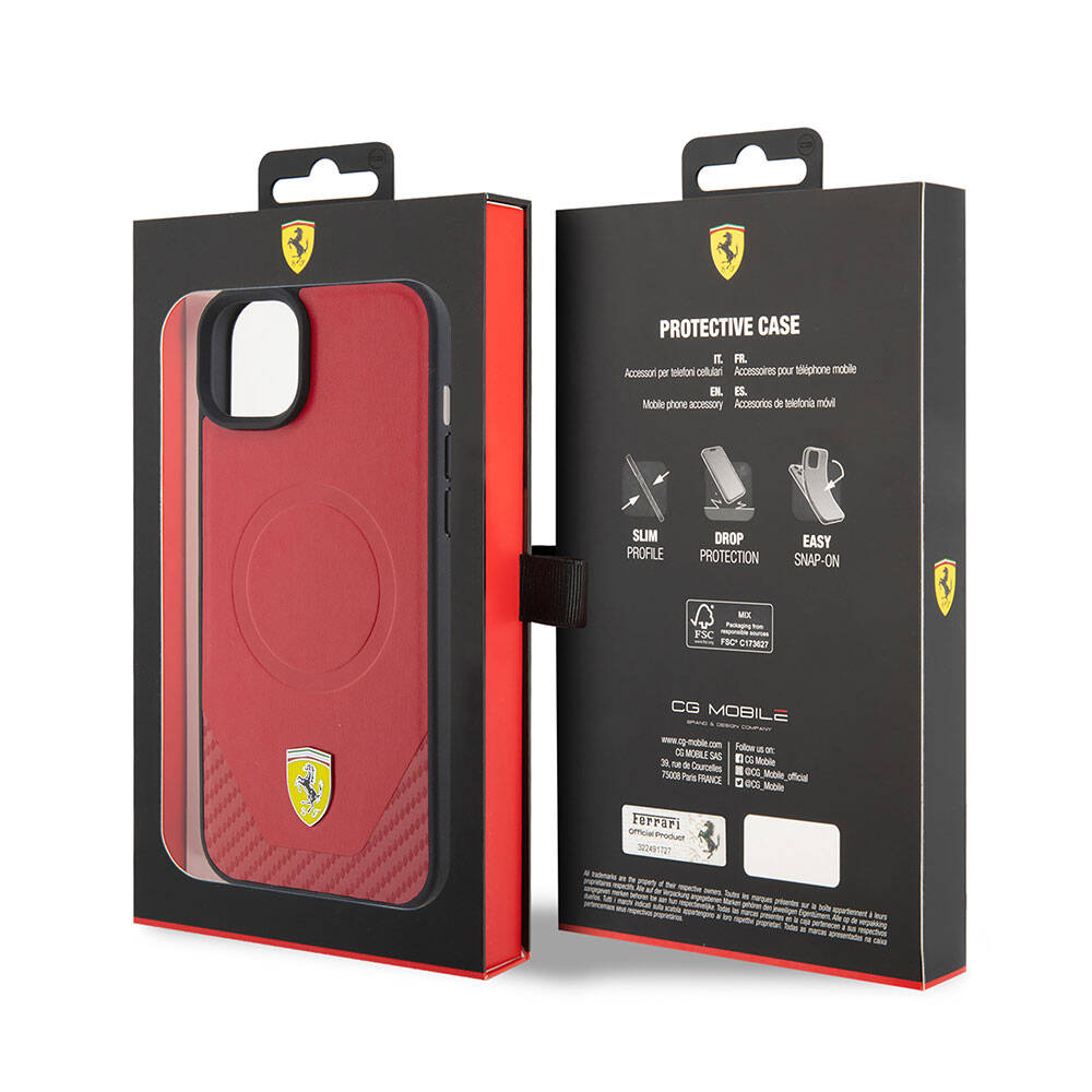 Ferrari iPhone 15 Orjinal Lisanslı M-safe Şarj Özellikli Metal Logolu PU Karbon Kılıf