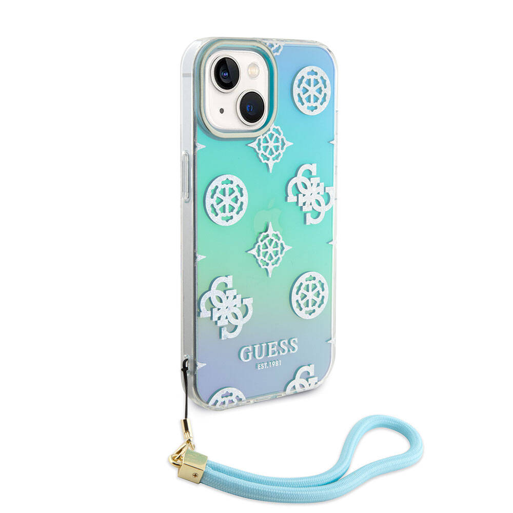 Guess iPhone 15 Orjinal Lisanslı Desenli Yazı Logolu Askı İpli Holografik Glitter Peony Telefon Kılıfı - 1