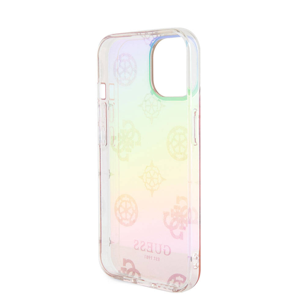 Guess iPhone 15 Orjinal Lisanslı Desenli Yazı Logolu Askı İpli Holografik Glitter Peony Telefon Kılıfı