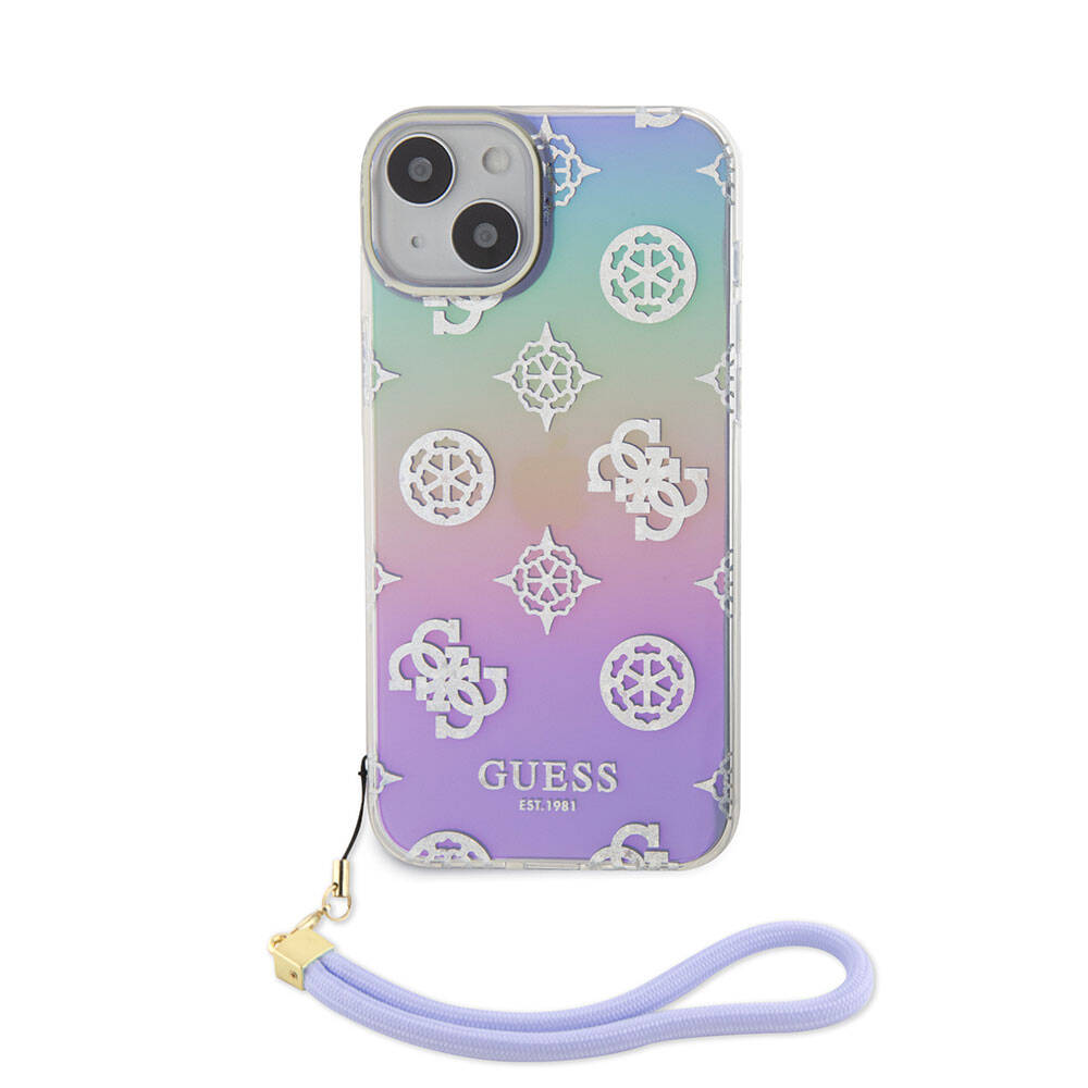 Guess iPhone 15 Orjinal Lisanslı Desenli Yazı Logolu Askı İpli Holografik Glitter Peony Telefon Kılıfı