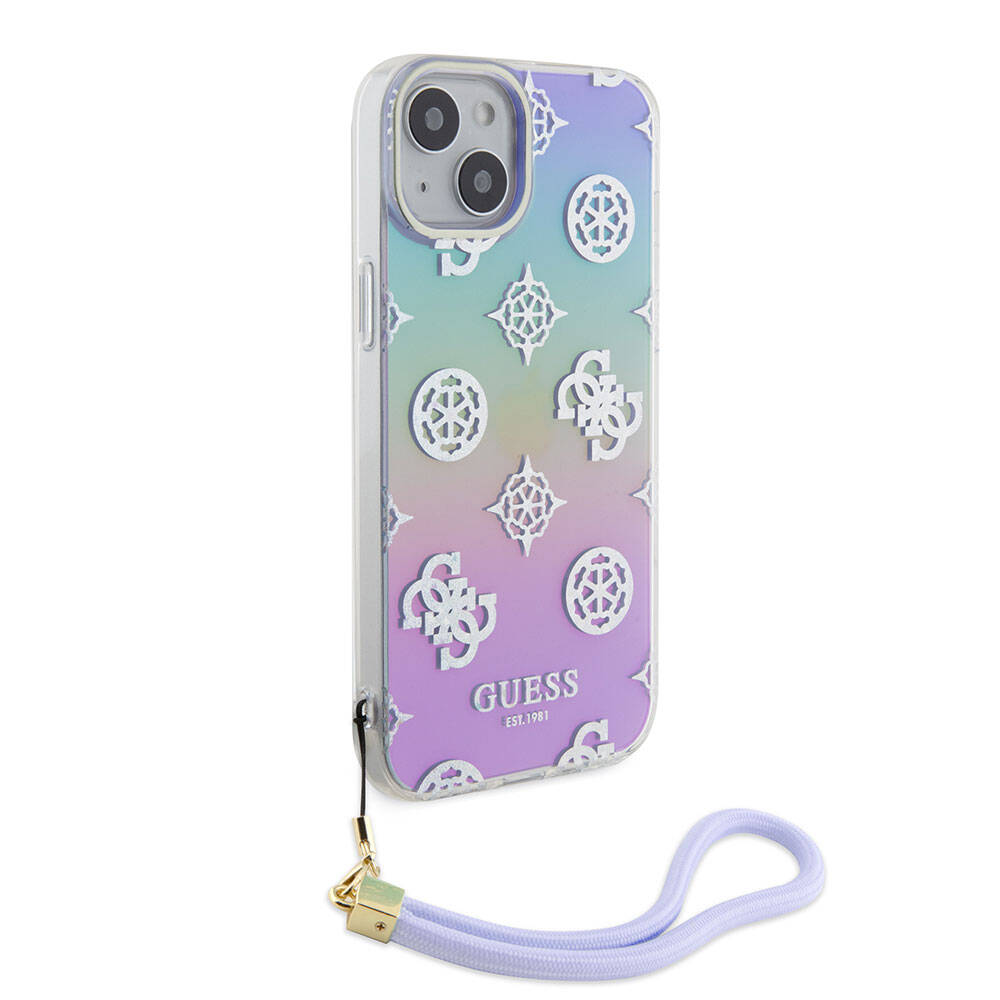 Guess iPhone 15 Orjinal Lisanslı Desenli Yazı Logolu Askı İpli Holografik Glitter Peony Telefon Kılıfı