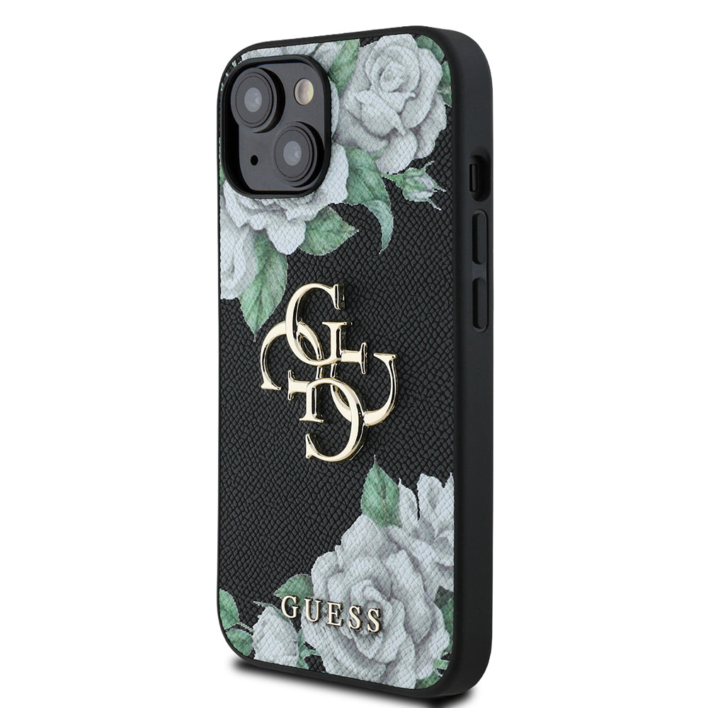 Guess iPhone 15 Orjinal Lisanslı Gül Baskılı Büyük Metal Logo Dizaynlı Kılıf