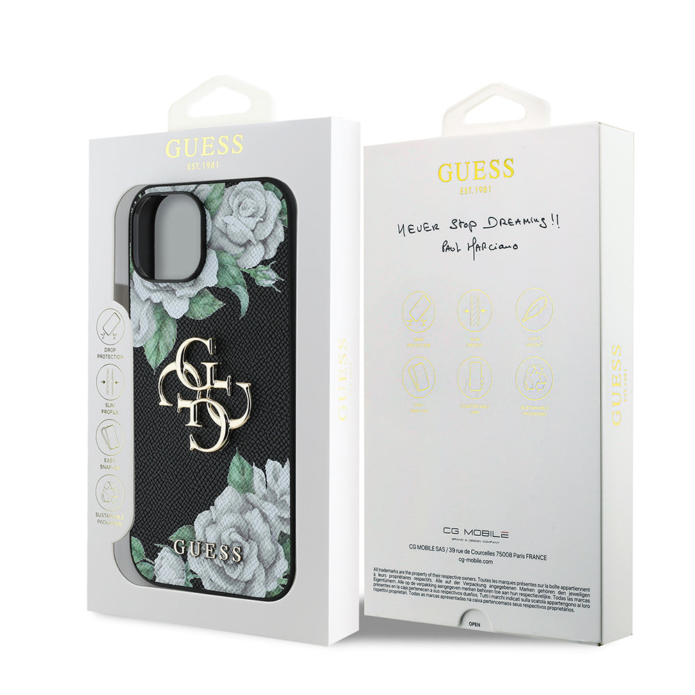 Guess iPhone 15 Orjinal Lisanslı Gül Baskılı Büyük Metal Logo Dizaynlı Kılıf