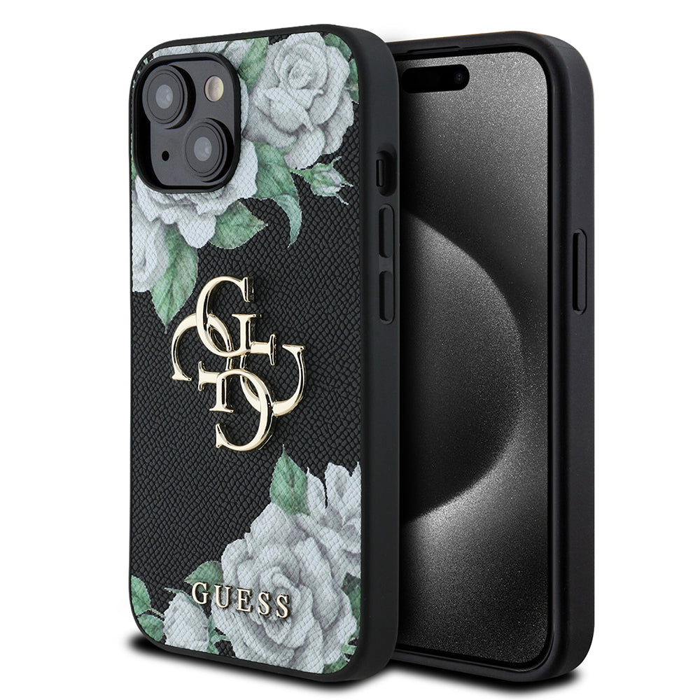 Guess iPhone 15 Orjinal Lisanslı Gül Baskılı Büyük Metal Logo Dizaynlı Kılıf