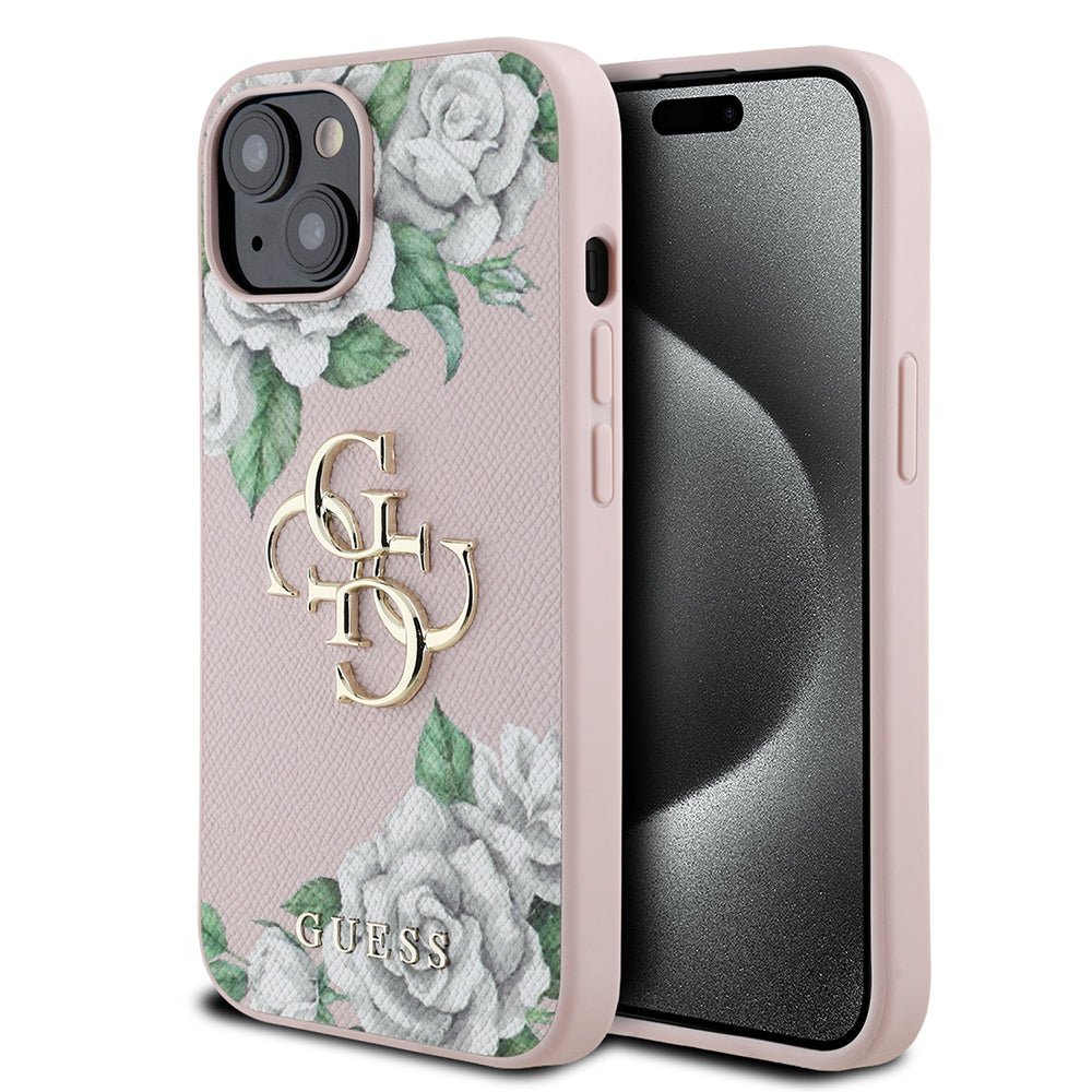 Guess iPhone 15 Orjinal Lisanslı Gül Baskılı Büyük Metal Logo Dizaynlı Kılıf