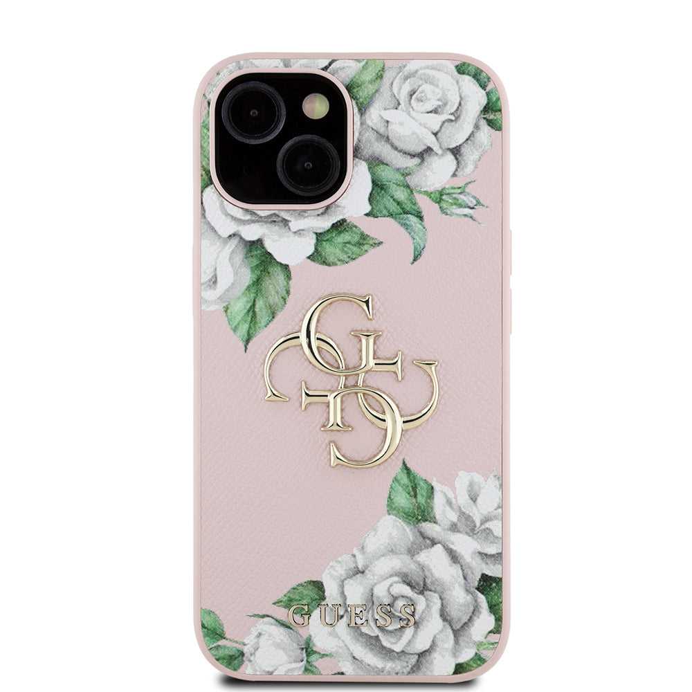 Guess iPhone 15 Orjinal Lisanslı Gül Baskılı Büyük Metal Logo Dizaynlı Kılıf