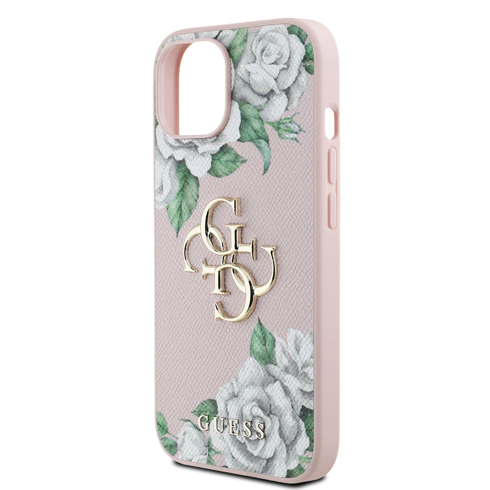Guess iPhone 15 Orjinal Lisanslı Gül Baskılı Büyük Metal Logo Dizaynlı Kılıf