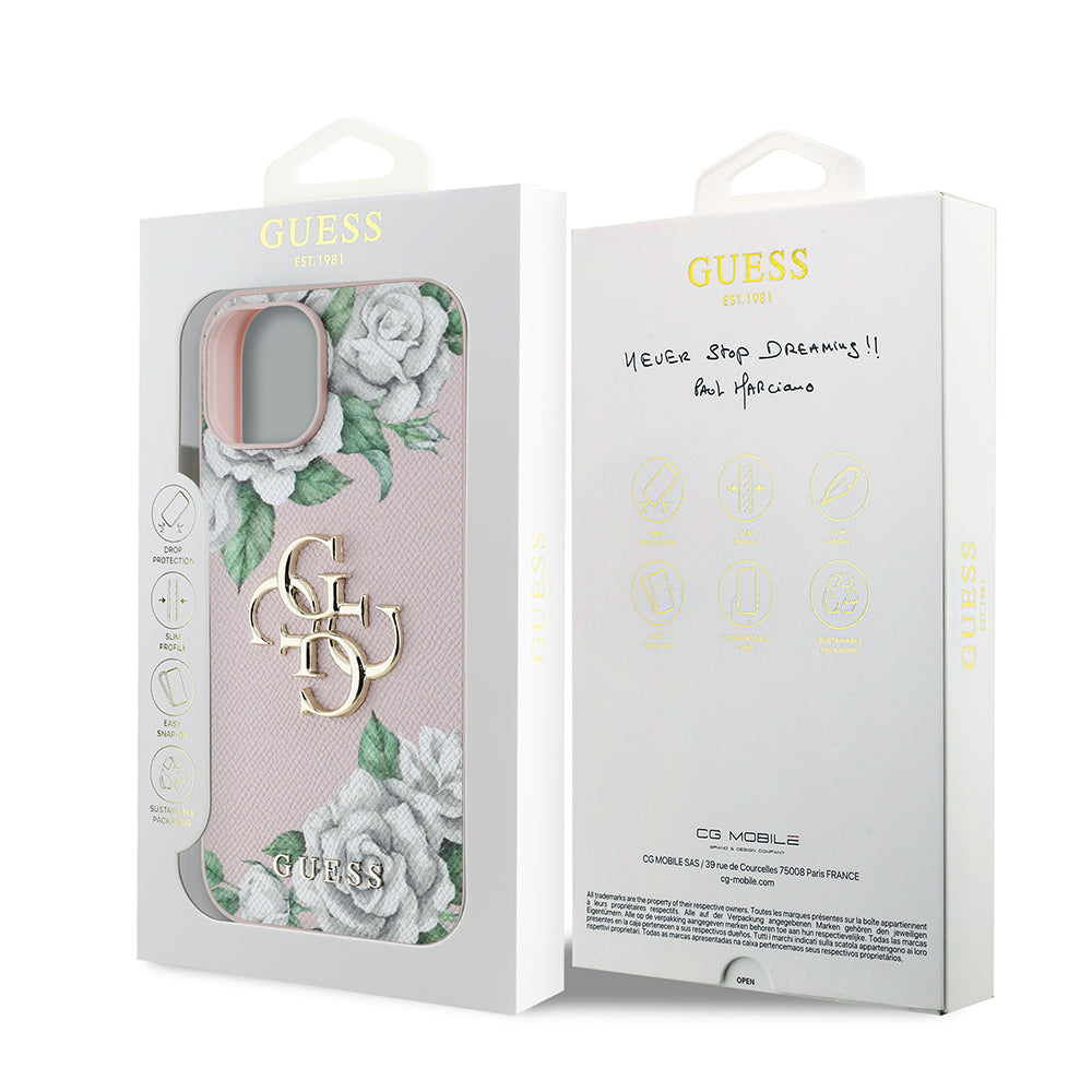 Guess iPhone 15 Orjinal Lisanslı Gül Baskılı Büyük Metal Logo Dizaynlı Kılıf