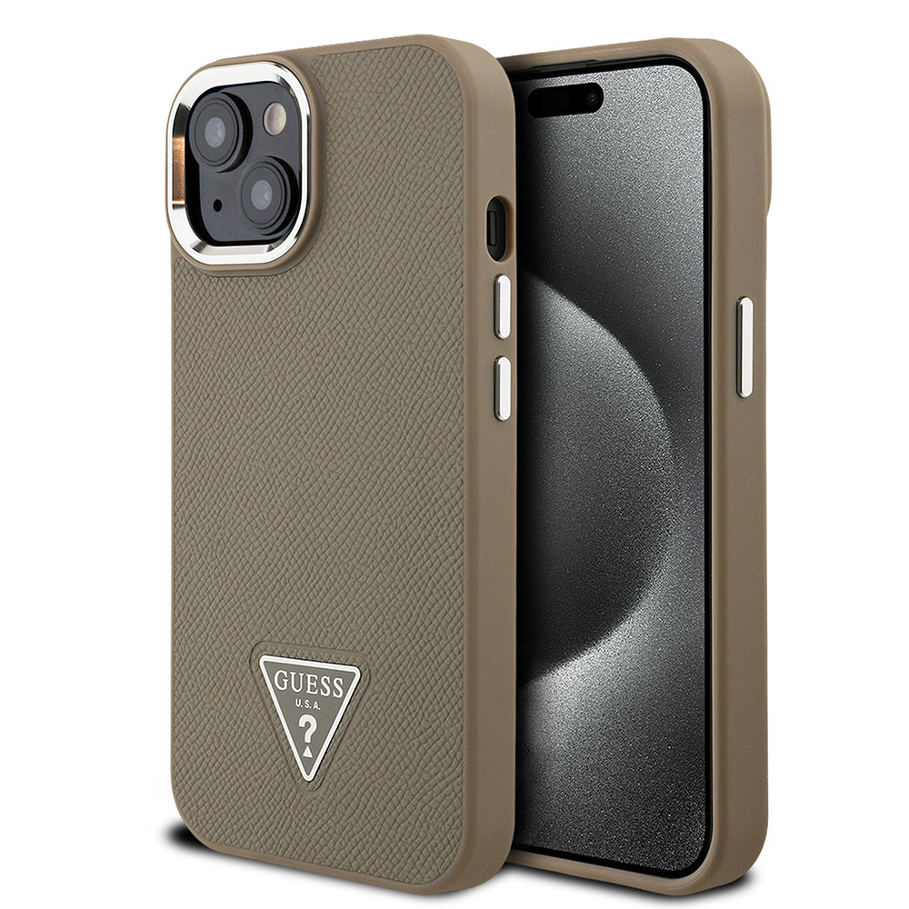 Guess iPhone 15 Orjinal Lisanslı M-safe Şarj Özellikli Grained Triangle Kılıf