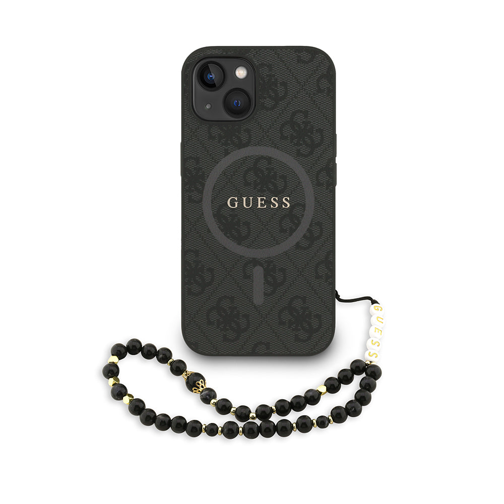 Guess iPhone 15 Orjinal Lisanslı Magsafe PU Deri Bilek Askı İpli Yazı Logolu Telefon Kılıfı