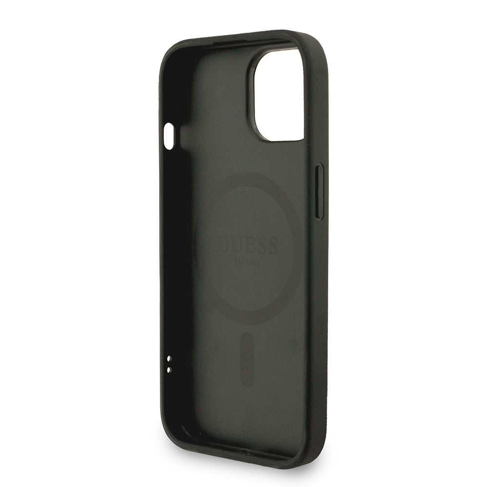 Guess iPhone 15 Orjinal Lisanslı Magsafe PU Deri Bilek Askı İpli Yazı Logolu Telefon Kılıfı