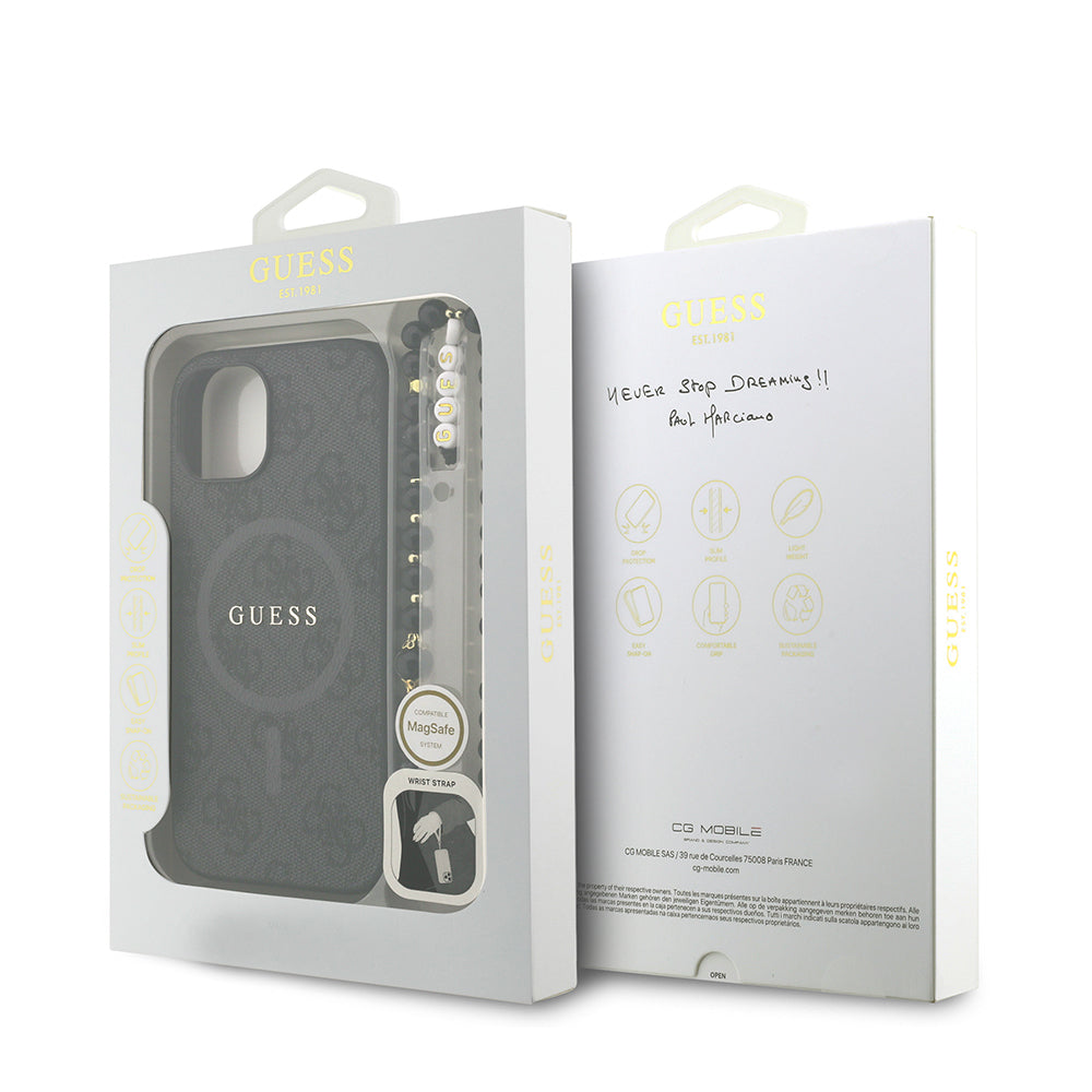 Guess iPhone 15 Orjinal Lisanslı Magsafe PU Deri Bilek Askı İpli Yazı Logolu Telefon Kılıfı