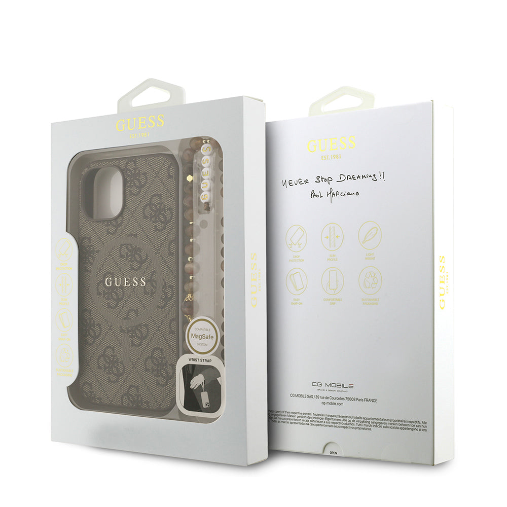 Guess iPhone 15 Orjinal Lisanslı Magsafe PU Deri Bilek Askı İpli Yazı Logolu Telefon Kılıfı