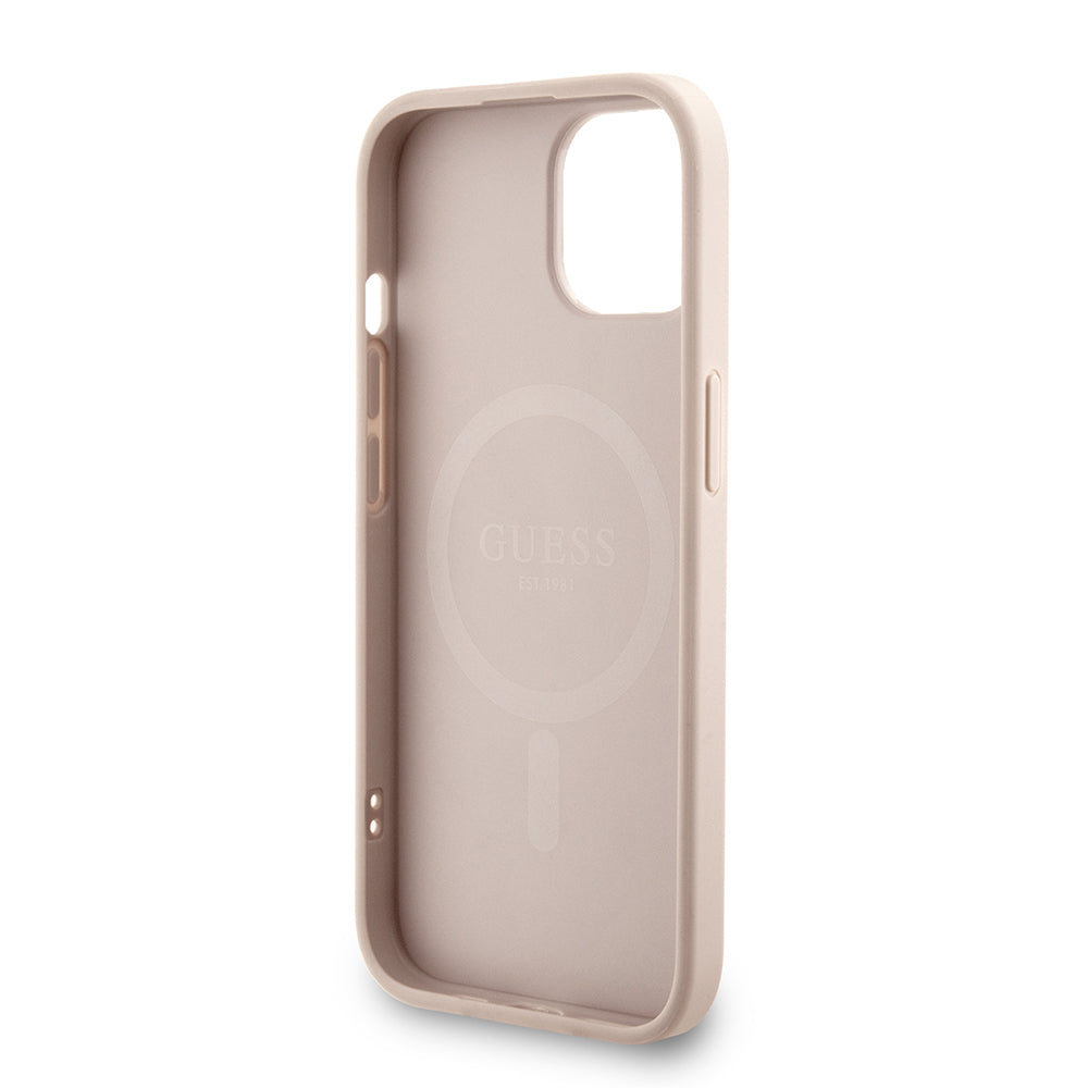 Guess iPhone 15 Orjinal Lisanslı Magsafe PU Deri Bilek Askı İpli Yazı Logolu Telefon Kılıfı